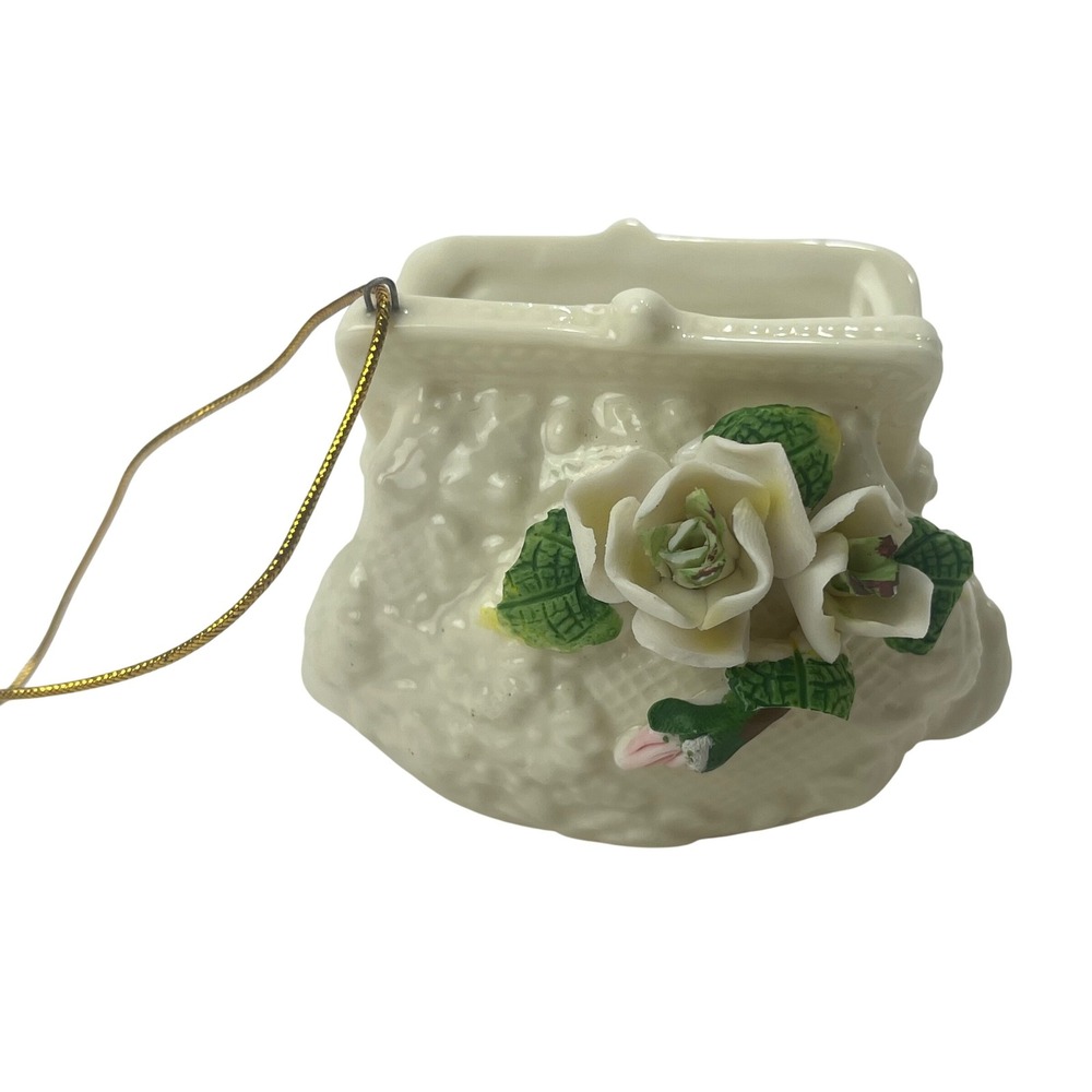 Porcelain Ceramic White Floral Christmas Ornament Open Coin Purse Clutch 3"x2.5"